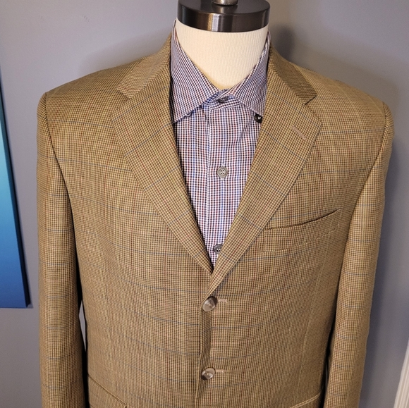 Burberry 40R Beige, Blue, Yellow, Red Windowpane Mens Wool Mens Sport Coat - Picture 2 of 9